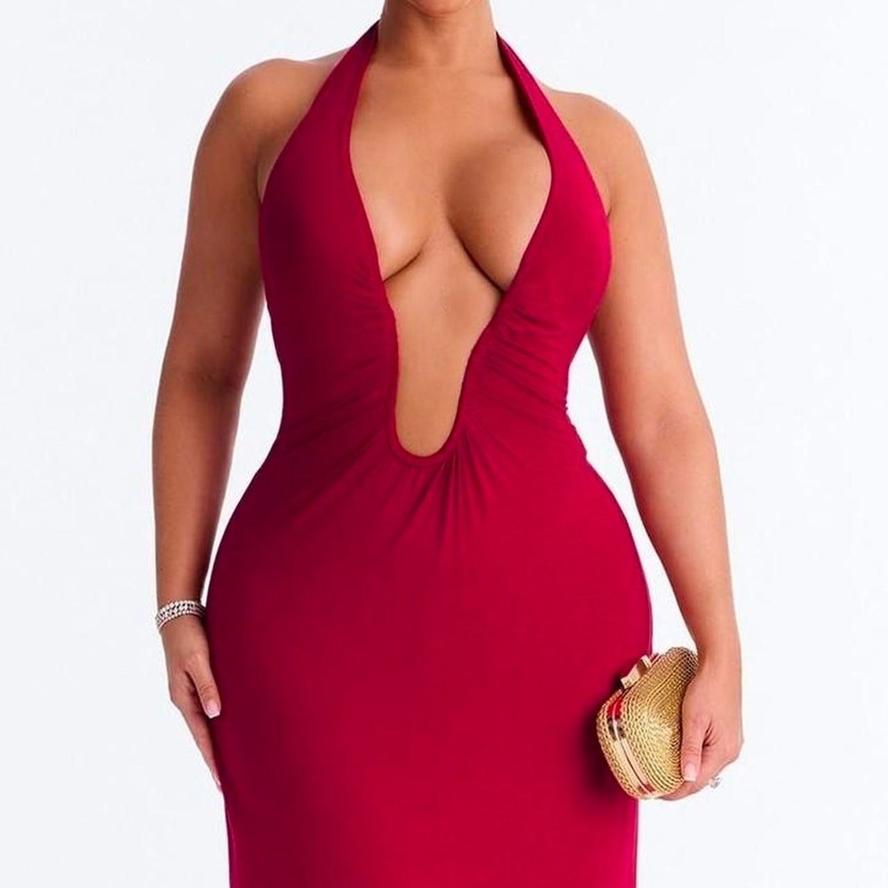 Red bodycon maxi dress with deep v-neckline and halter neck